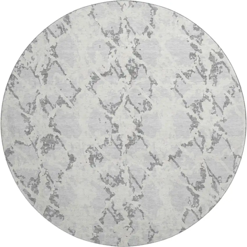 8' Silver Gray And Ivory Abstract Washable Round Rug With UV Protection Photo 1