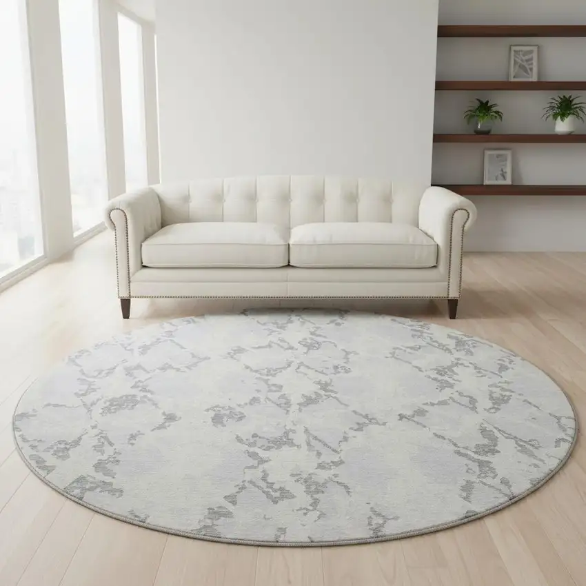 8' Silver Gray And Ivory Abstract Washable Round Rug With UV Protection Photo 2