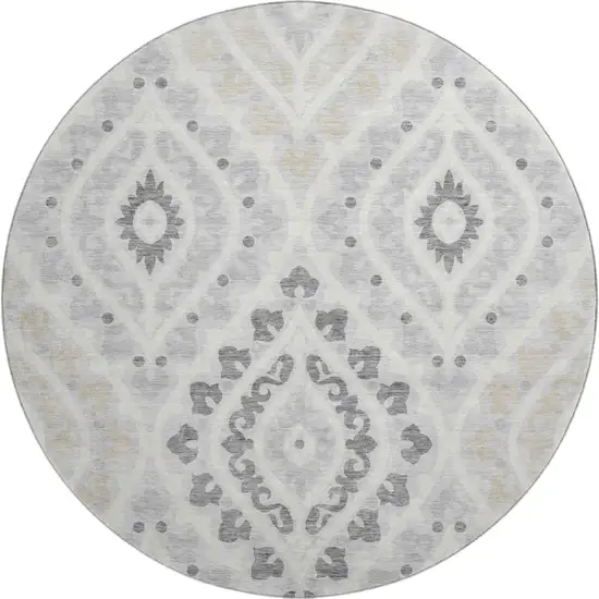 8' Silver Gray And Ivory Diamond Washable Round Rug With UV Protection Photo 1
