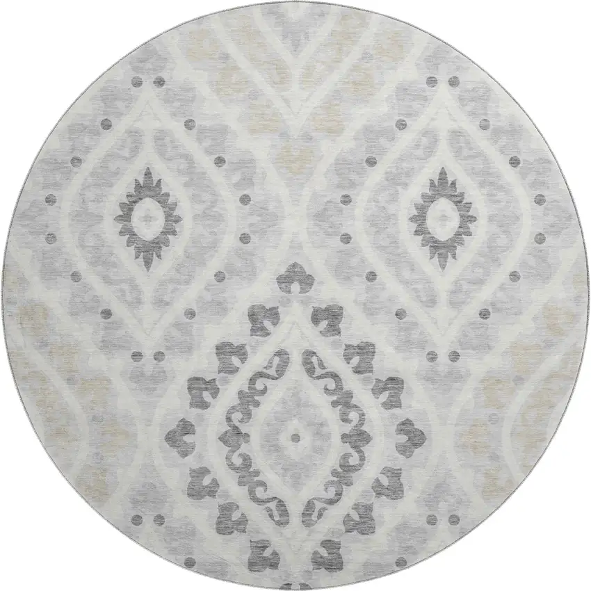 8' Silver Gray And Ivory Diamond Washable Round Rug With UV Protection Photo 1