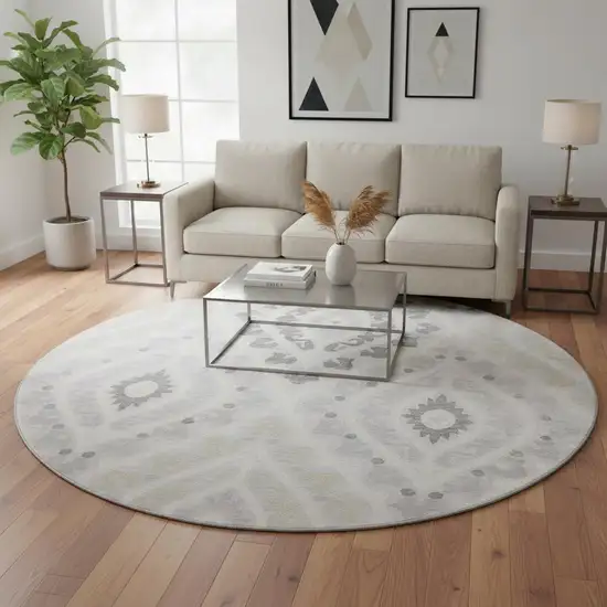 8' Silver Gray And Ivory Diamond Washable Round Rug With UV Protection Photo 2