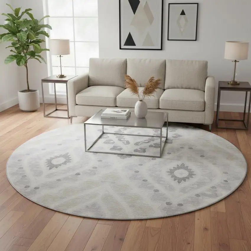 8' Silver Gray And Ivory Diamond Washable Round Rug With UV Protection Photo 2