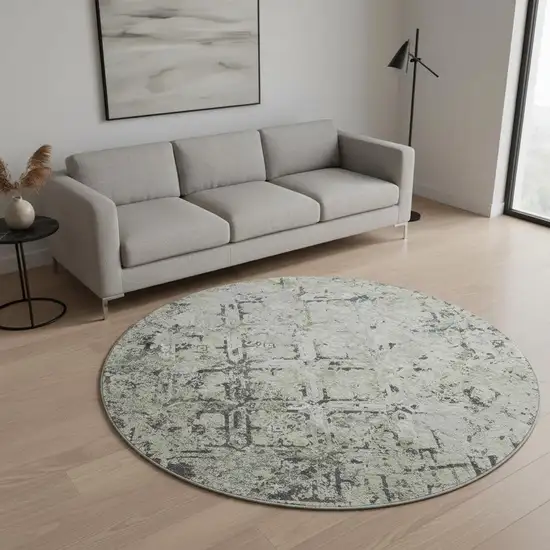 8' Silver Gray And Ivory Diamond Washable Round Rug With UV Protection Photo 2