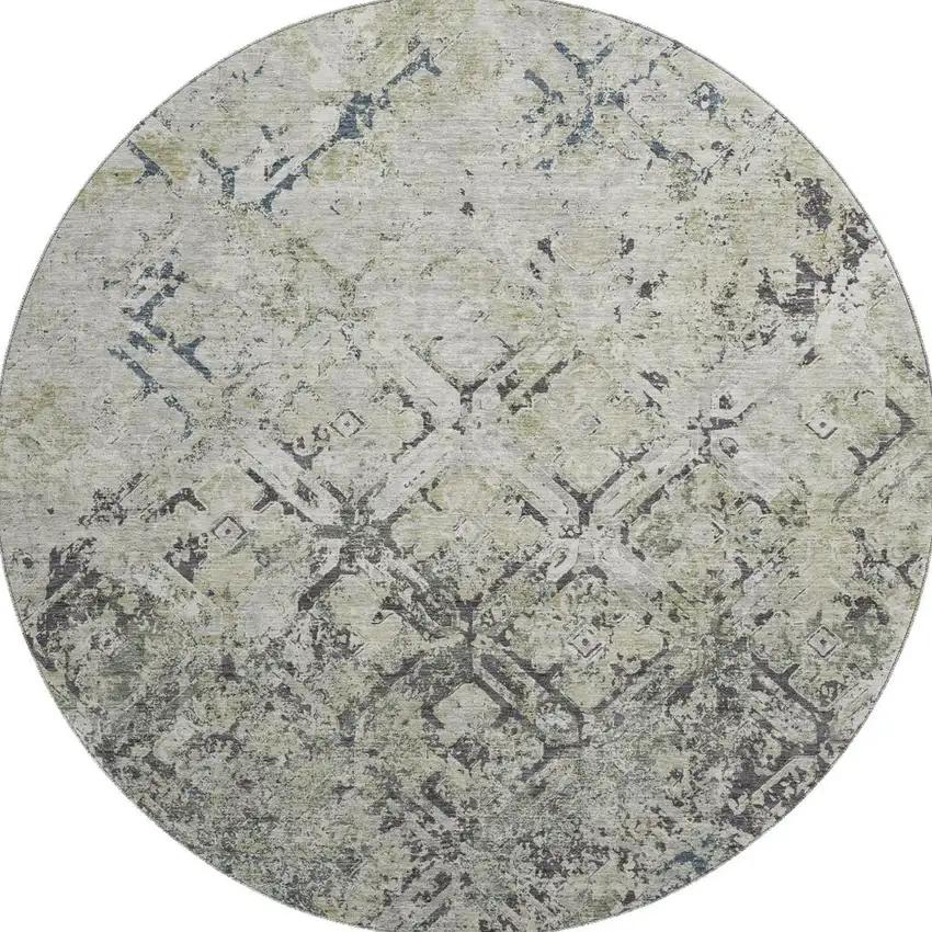 8' Silver Gray And Ivory Diamond Washable Round Rug With UV Protection Photo 4