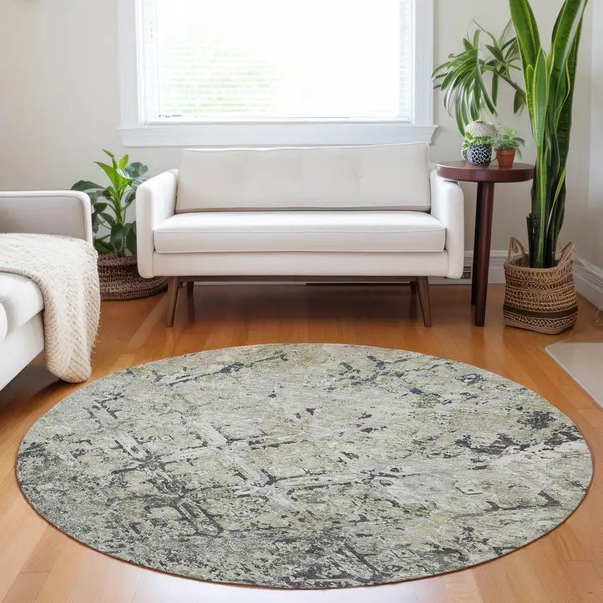 8' Silver Gray And Ivory Diamond Washable Round Rug With UV Protection Photo 5