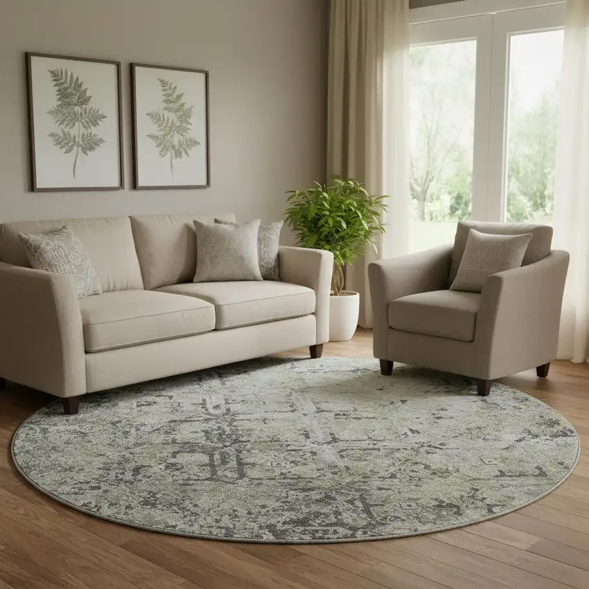 8' Silver Gray And Ivory Diamond Washable Round Rug With UV Protection Photo 1