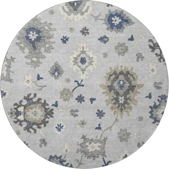 8' Silver Gray And Ivory Floral Medallion Washable Round Rug With UV Protection Photo 3