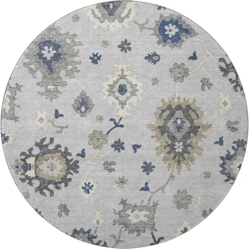 8' Silver Gray And Ivory Floral Medallion Washable Round Rug With UV Protection Photo 3