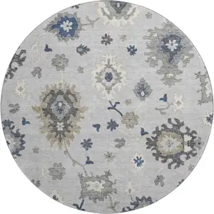 Photo of 8' Silver Gray And Ivory Floral Medallion Washable Round Rug With UV Protection