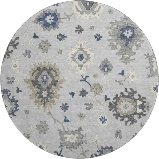 8' Silver Gray And Ivory Floral Medallion Washable Round Rug With UV Protection Photo 1
