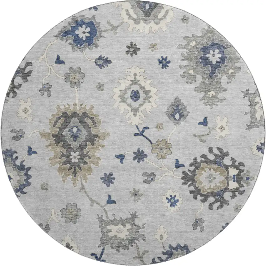 8' Silver Gray And Ivory Floral Medallion Washable Round Rug With UV Protection Photo 1