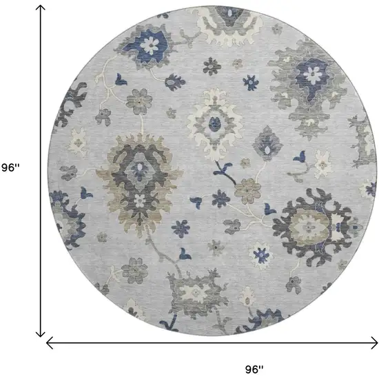 8' Silver Gray And Ivory Floral Medallion Washable Round Rug With UV Protection Photo 9