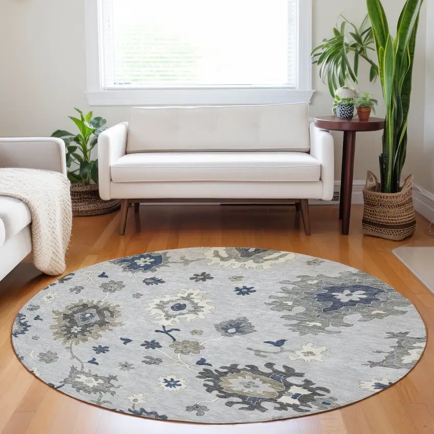 8' Silver Gray And Ivory Floral Medallion Washable Round Rug With UV Protection Photo 4