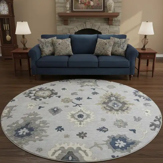 8' Silver Gray And Ivory Floral Medallion Washable Round Rug With UV Protection Photo 2