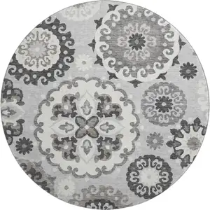 Photo of 8' Silver Gray And Ivory Medallion Washable Round Rug With UV Protection