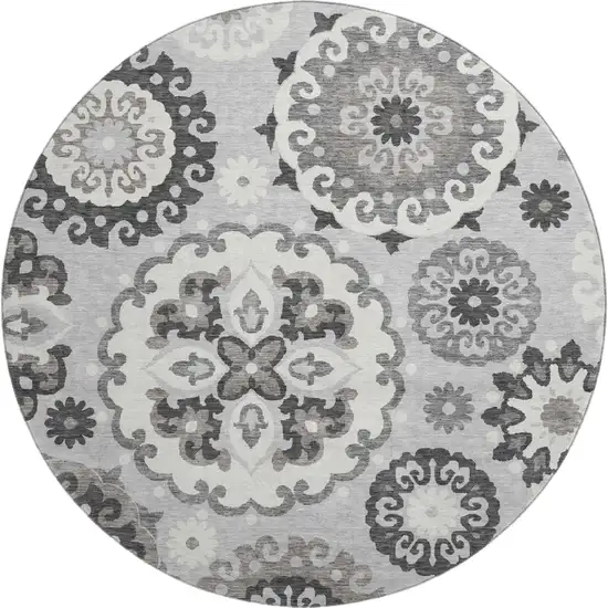 8' Silver Gray And Ivory Medallion Washable Round Rug With UV Protection Photo 1