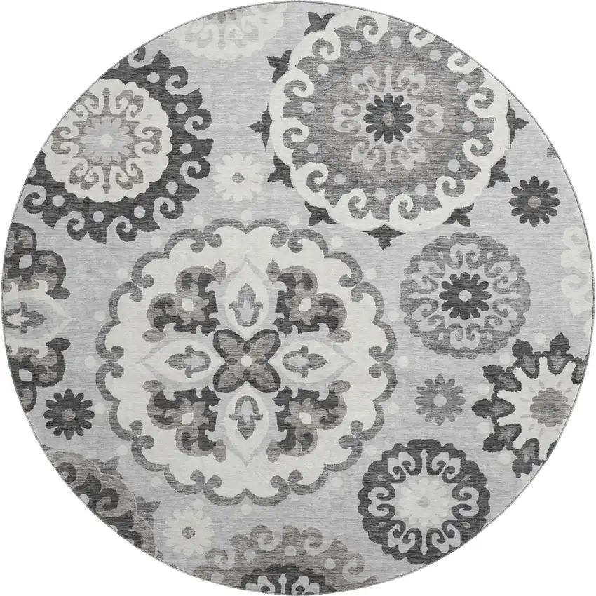 8' Silver Gray And Ivory Medallion Washable Round Rug With UV Protection Photo 1