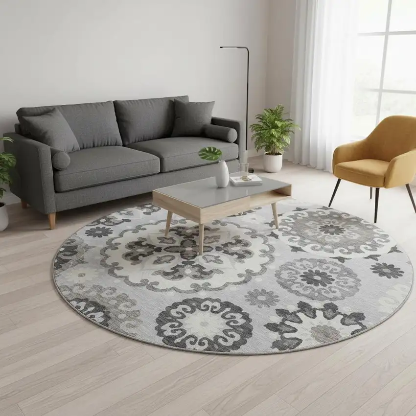 8' Silver Gray And Ivory Medallion Washable Round Rug With UV Protection Photo 2