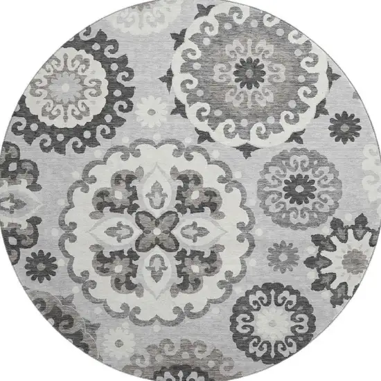8' Silver Gray And Ivory Medallion Washable Round Rug With UV Protection Photo 4