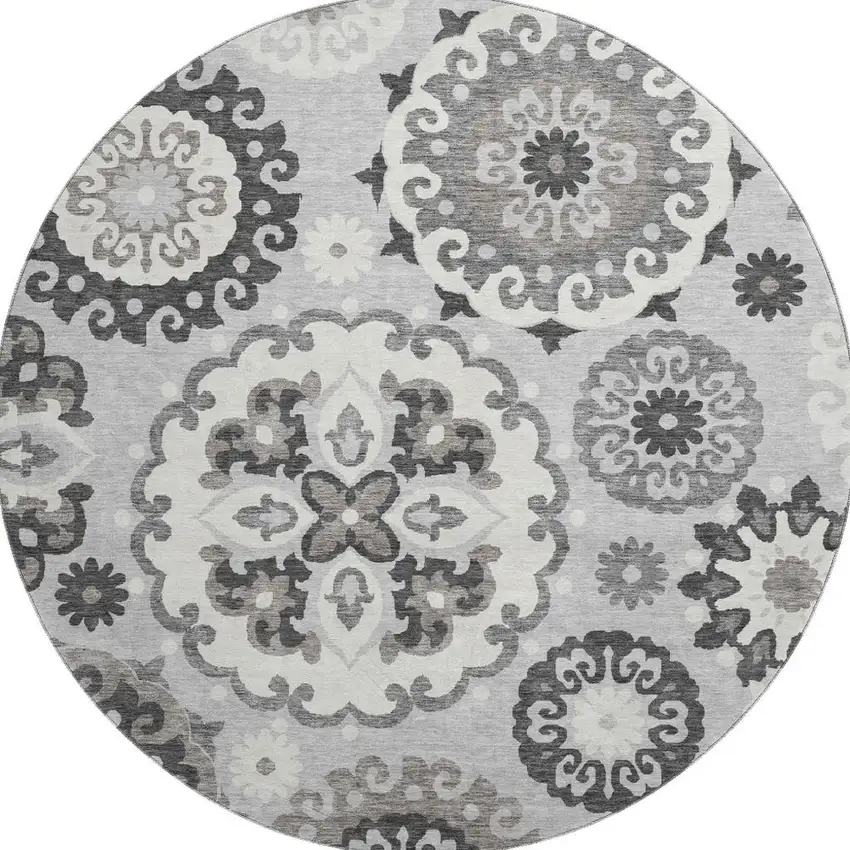 8' Silver Gray And Ivory Medallion Washable Round Rug With UV Protection Photo 4