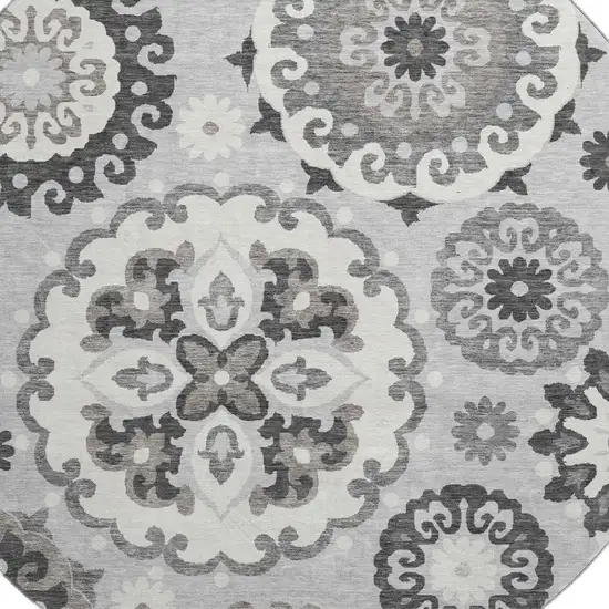 8' Silver Gray And Ivory Medallion Washable Round Rug With UV Protection Photo 3