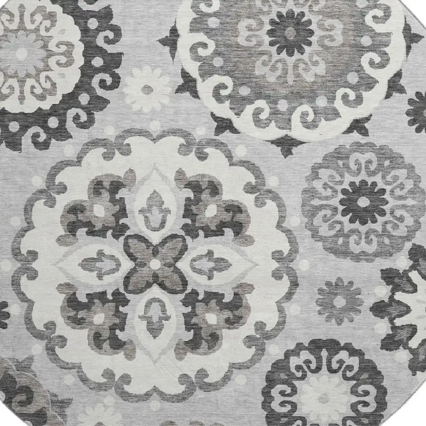 8' Silver Gray And Ivory Medallion Washable Round Rug With UV Protection Photo 3