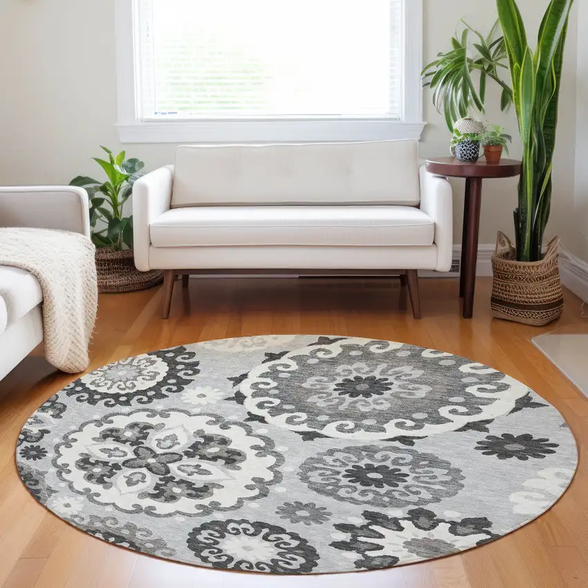 8' Silver Gray And Ivory Medallion Washable Round Rug With UV Protection Photo 5