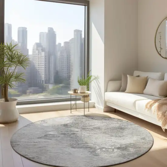 8' Silver Gray And Ivory Round Abstract Washable Indoor Outdoor Area Rug Photo 5