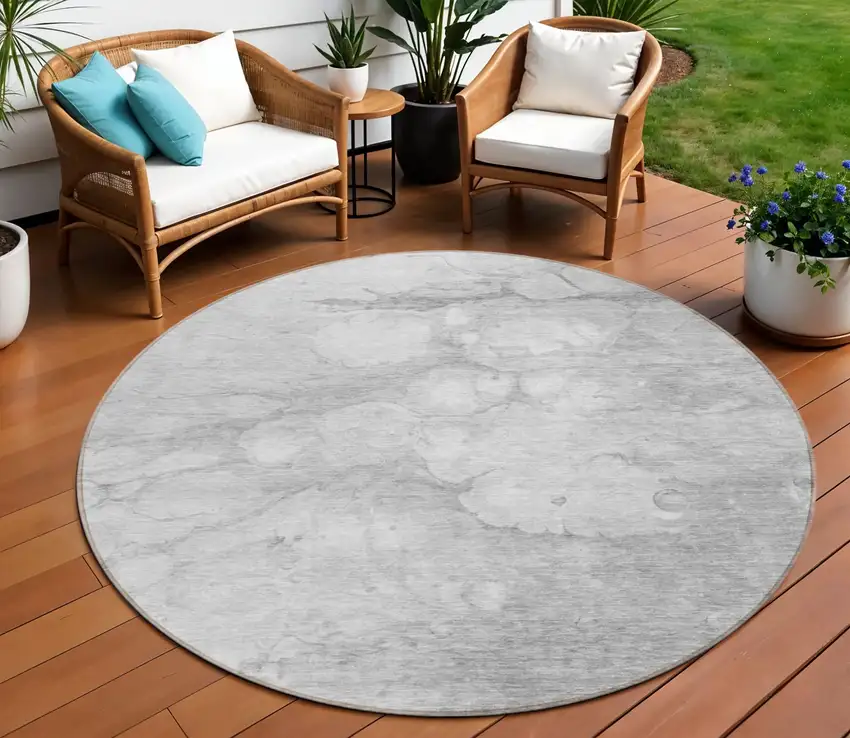 8' Silver Gray And Ivory Round Abstract Washable Indoor Outdoor Area Rug Photo 1