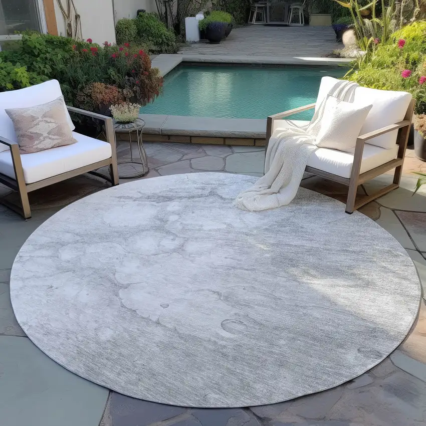 8' Silver Gray And Ivory Round Abstract Washable Indoor Outdoor Area Rug Photo 6