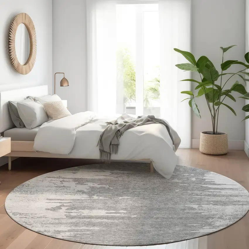 8' Silver Gray And Ivory Round Abstract Washable Indoor Outdoor Area Rug Photo 7