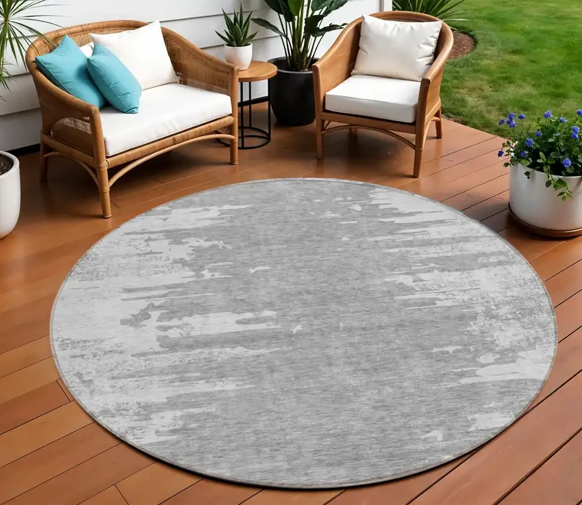 8' Silver Gray And Ivory Round Abstract Washable Indoor Outdoor Area Rug Photo 1