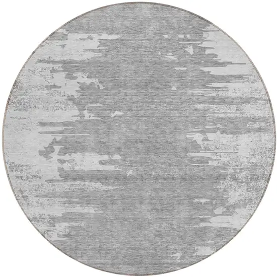 8' Silver Gray And Ivory Round Abstract Washable Indoor Outdoor Area Rug Photo 1