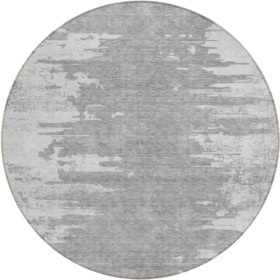 8' Silver Gray And Ivory Round Abstract Washable Indoor Outdoor Area Rug Photo 1