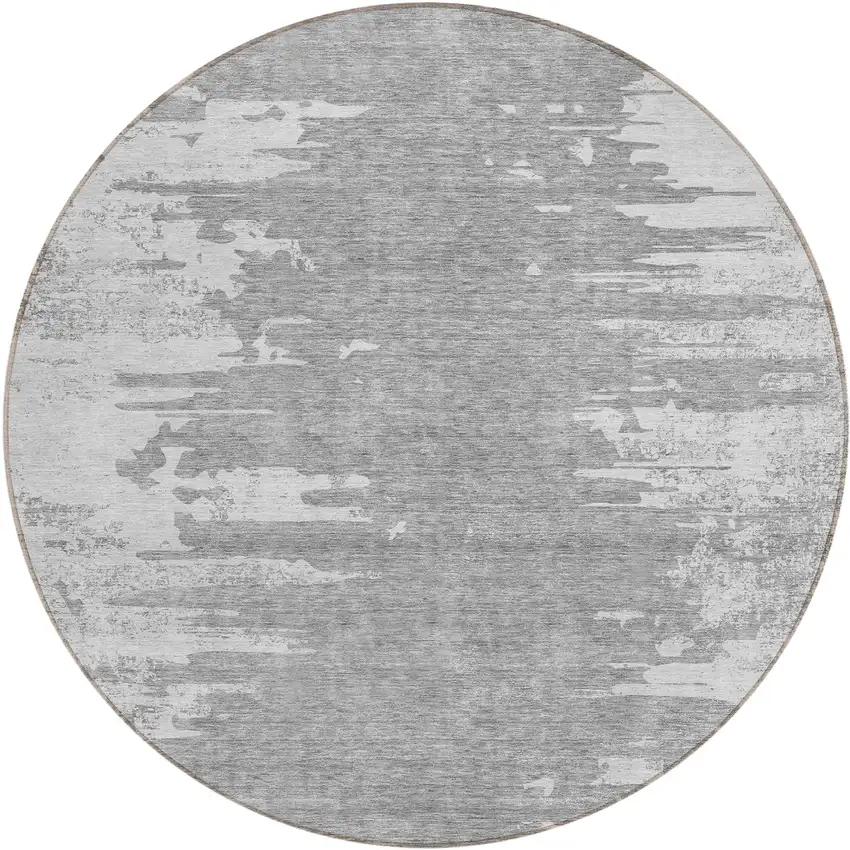 8' Silver Gray And Ivory Round Abstract Washable Indoor Outdoor Area Rug Photo 1
