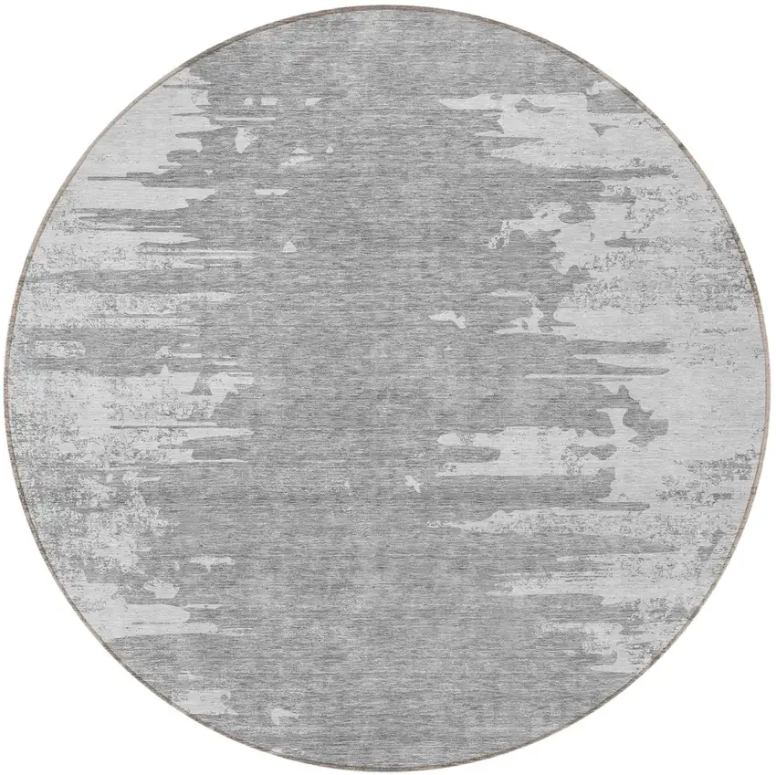 8' Silver Gray And Ivory Round Abstract Washable Indoor Outdoor Area Rug Photo 5