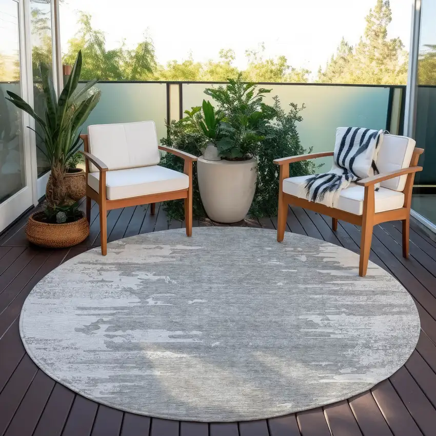 8' Silver Gray And Ivory Round Abstract Washable Indoor Outdoor Area Rug Photo 6