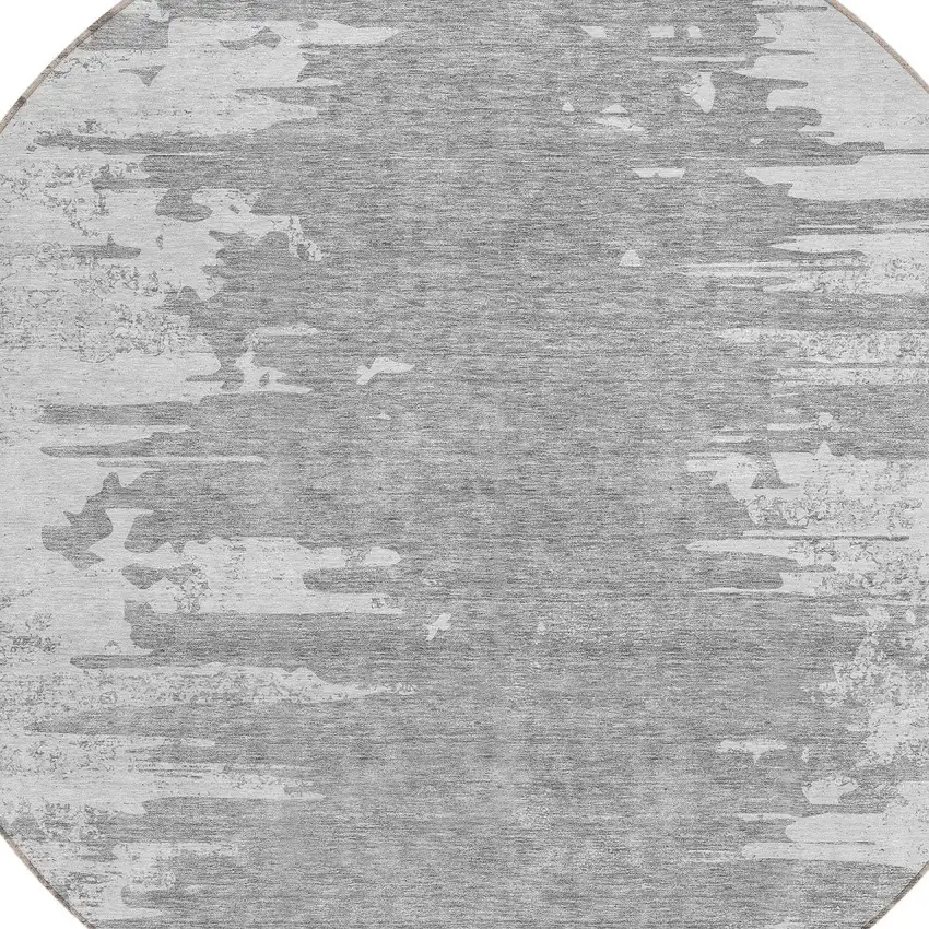 8' Silver Gray And Ivory Round Abstract Washable Indoor Outdoor Area Rug Photo 4