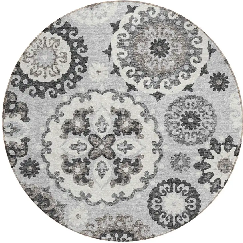 8' Silver Gray And Ivory Round Floral Medallion Washable Indoor Outdoor Area Rug Photo 5