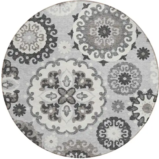 8' Silver Gray And Ivory Round Floral Medallion Washable Indoor Outdoor Area Rug Photo 5