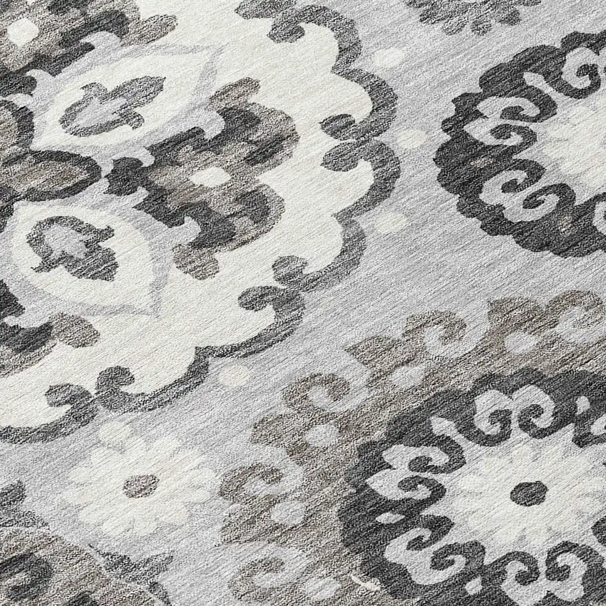 8' Silver Gray And Ivory Round Floral Medallion Washable Indoor Outdoor Area Rug Photo 9
