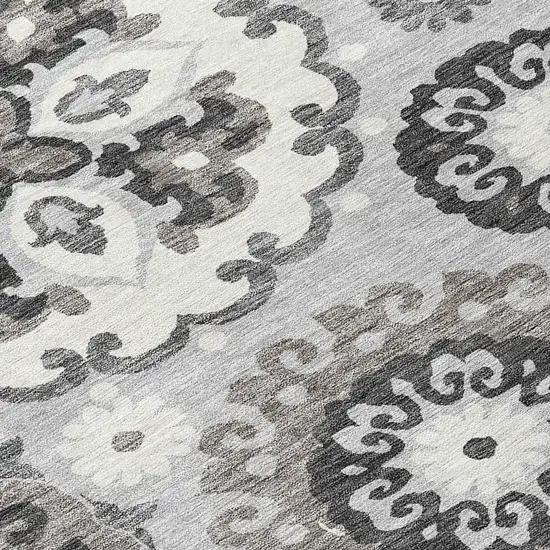 8' Silver Gray And Ivory Round Floral Medallion Washable Indoor Outdoor Area Rug Photo 9