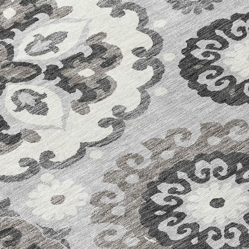 8' Silver Gray And Ivory Round Floral Medallion Washable Indoor Outdoor Area Rug Photo 9