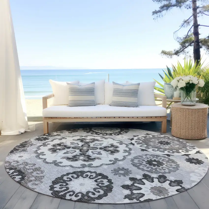 8' Silver Gray And Ivory Round Floral Medallion Washable Indoor Outdoor Area Rug Photo 6