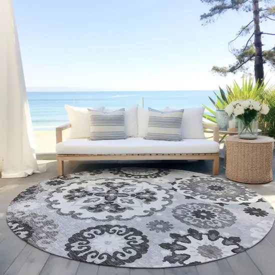 8' Silver Gray And Ivory Round Floral Medallion Washable Indoor Outdoor Area Rug Photo 6