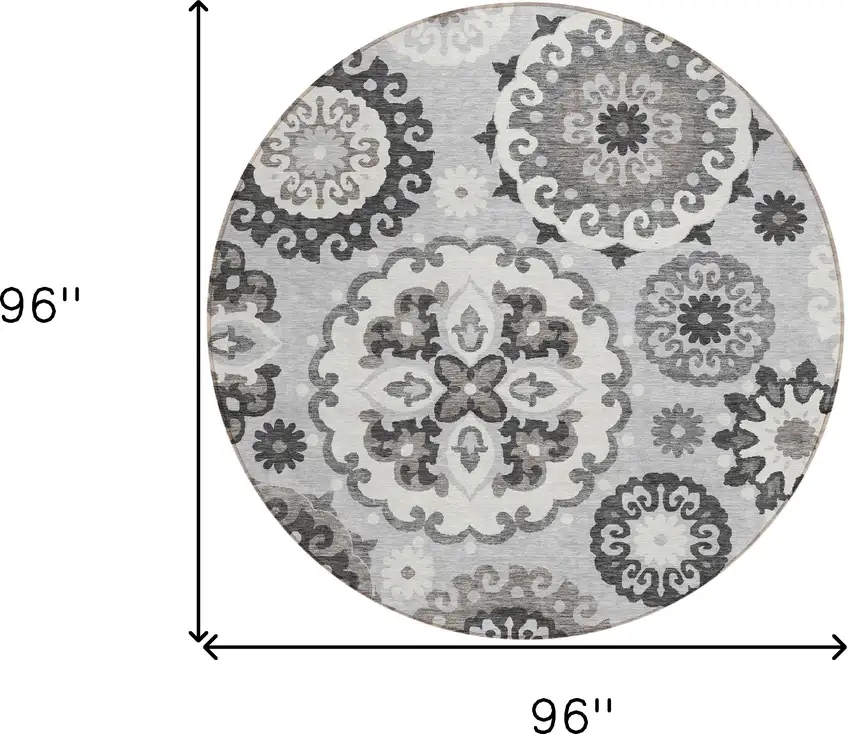 8' Silver Gray And Ivory Round Floral Medallion Washable Indoor Outdoor Area Rug Photo 8