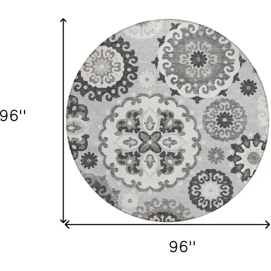 8' Silver Gray And Ivory Round Floral Medallion Washable Indoor Outdoor Area Rug Photo 8