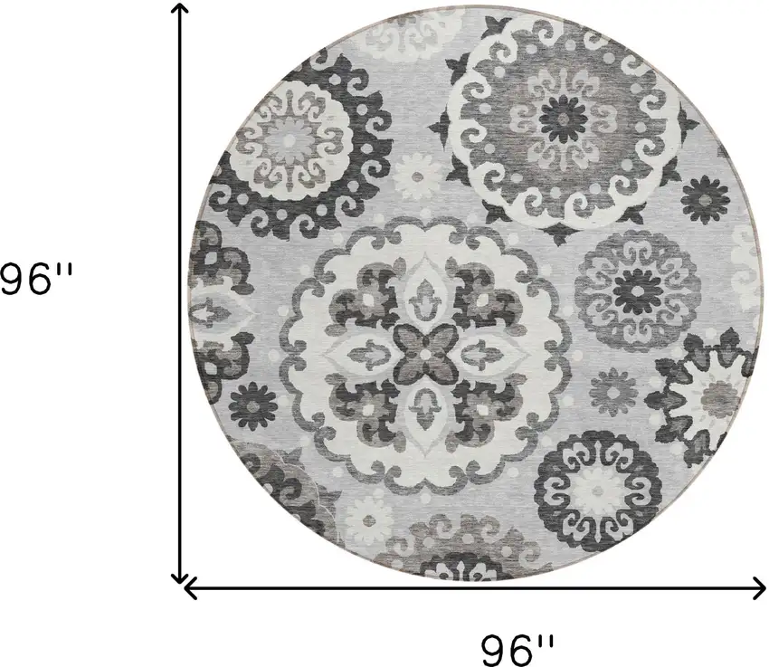 8' Silver Gray And Ivory Round Floral Medallion Washable Indoor Outdoor Area Rug Photo 8