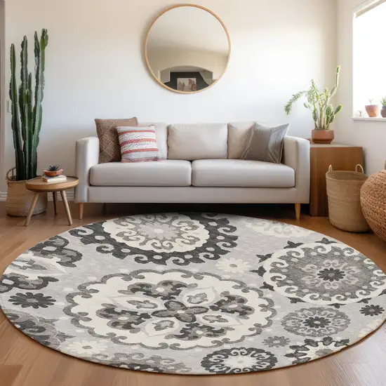 8' Silver Gray And Ivory Round Floral Medallion Washable Indoor Outdoor Area Rug Photo 7