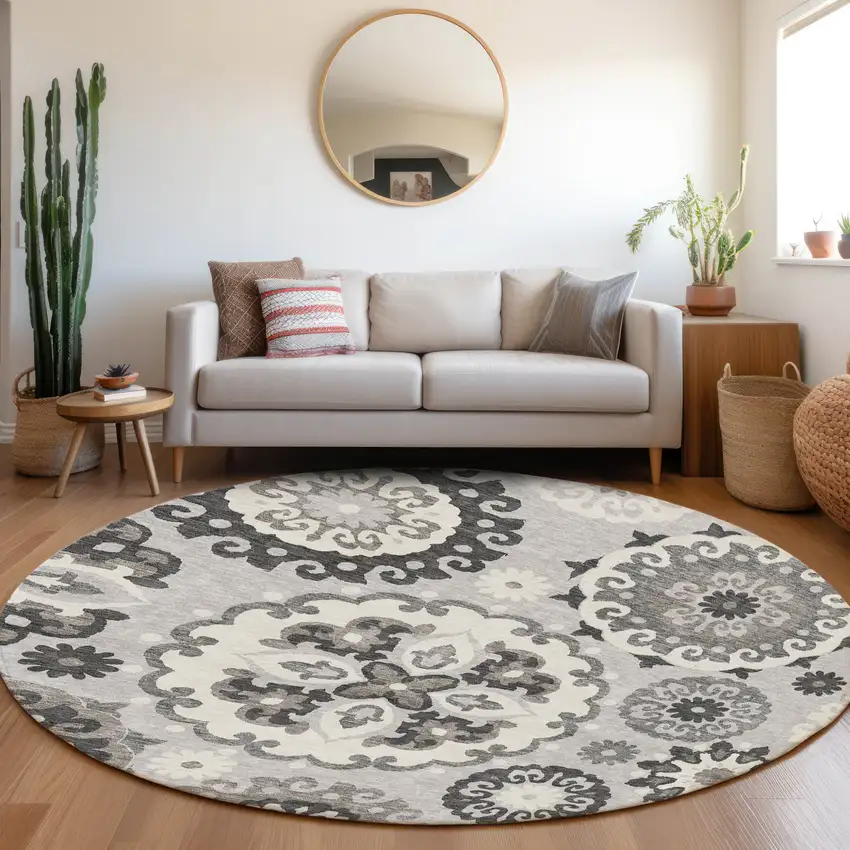 8' Silver Gray And Ivory Round Floral Medallion Washable Indoor Outdoor Area Rug Photo 7